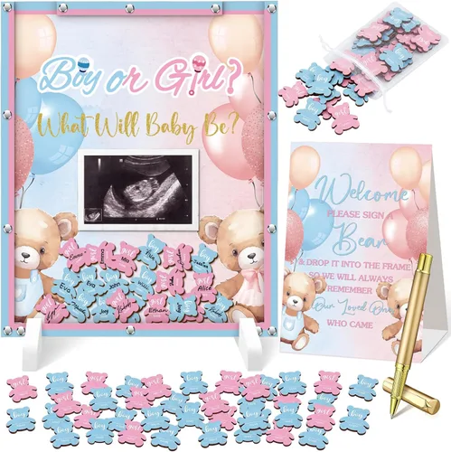 Miniatura 7 de Beeveer 65 piezas de libro de invitados para baby shower, libro de invitados azul para baby shower, libro de invitados con marco de fotos y 60 chips