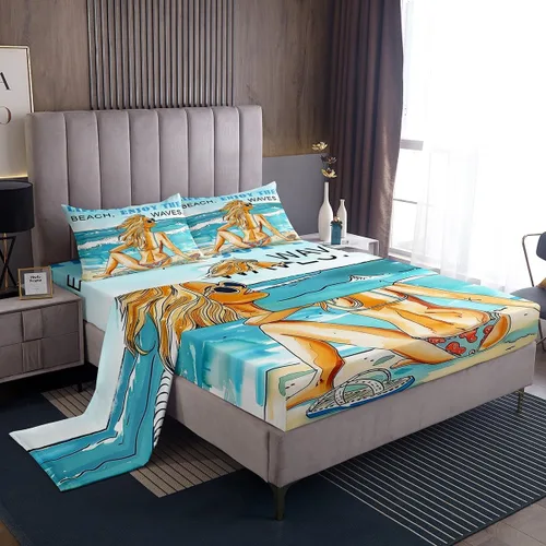 Miniatura 25 de Juego de sábanas de 3 piezas con diseño de playa oceánica, diseño de árbol de coco tropical, para decoración de habitación de niños, niñas, niños
