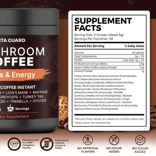 Miniatura 2 de Vita Guard 10 Café de Hongos en Mezcla Instantánea – Melena de León, Cordyceps y Reishi – Café Árabe Premium con Polvo de Coco – Concentración