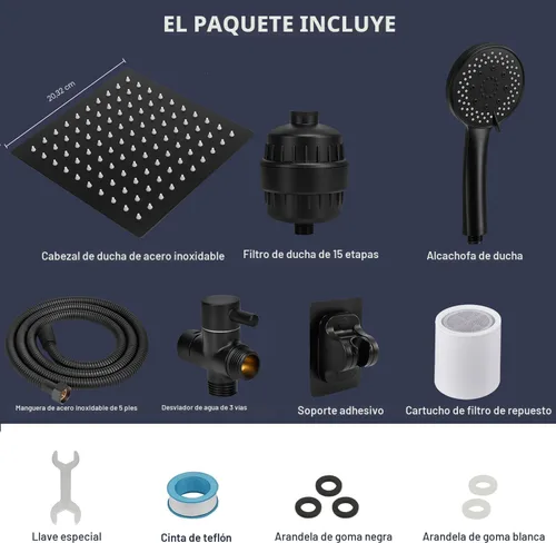 Miniatura 8 de NearMoon Cabezal de ducha de lluvia filtrado, cuadrado de alta presión de 8 pulgadas y 5 ajustes de filtro de ducha de mano combinado con soporte