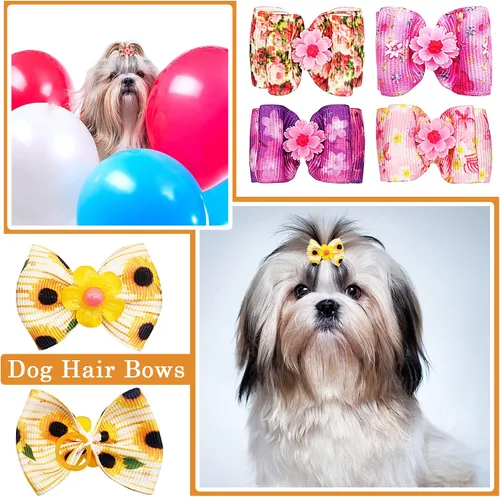 Miniatura 5 de 50 unidades/25 pares de lazos para el pelo de perro con banda de goma, patrón floral de primavera para niñas, hembra, gato, conejo, cachorro