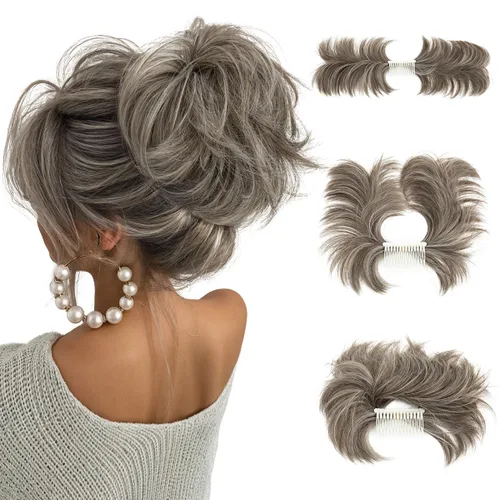 Miniatura 51 de Postizo de Cabello de Moño Despeinado con Peine Lateral Clip en Postizo de Moño para Mujeres Corto Natural Liso Versátil Estilos Ajustables Piezas