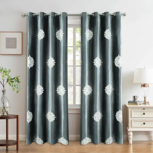 Miniatura 13 de VOGOL Cortinas opacas bordadas para sala de estar, paneles de cortina de terciopelo azul para dormitorio, 52 x 63 pulgadas, 2 paneles