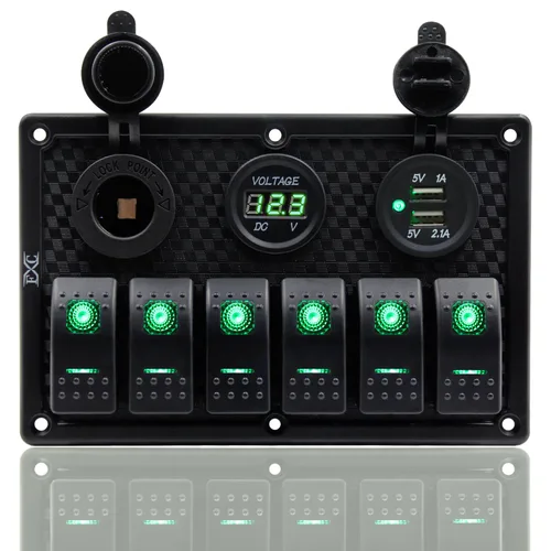 Panel FXC impermeable, con ranura de doble puerto USB, fusibles de 4.2 A, visualización digital de voltaje, toma de encendedor y 4, 6 u 8 tipos de