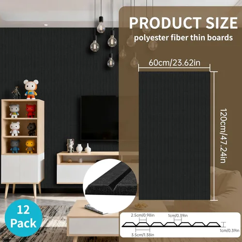 Miniatura 3 de EVERECO Paquete de 12 paneles acústicos grandes, 47.2 x 23.6 x 0.4 pulgadas, paneles insonorizados para pared, adecuados para sala de prensa, Negro