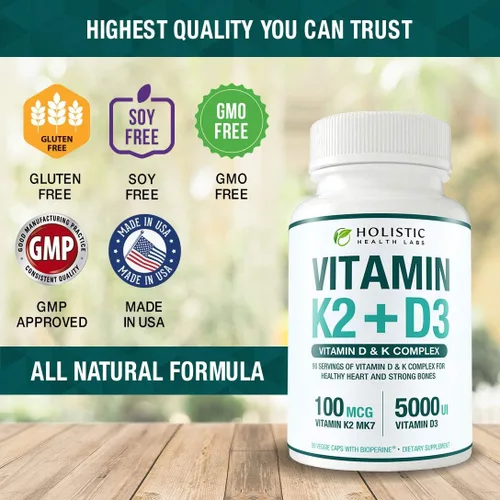 Miniatura 7 de Vitamina K2 + D3 de absorción máxima (5000UI), 90 cápsulas vegetales de MK-7 (Menaquinona-7) y colecalciferol (con BioPerina) Suministro de 3 meses
