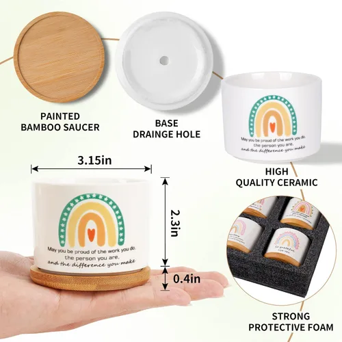 Miniatura 2 de SAIWEILAI - Juego de 9 macetas de cerámica para suculentas con bandejas de bambú, macetas redondas pintadas para decoración de escritorio