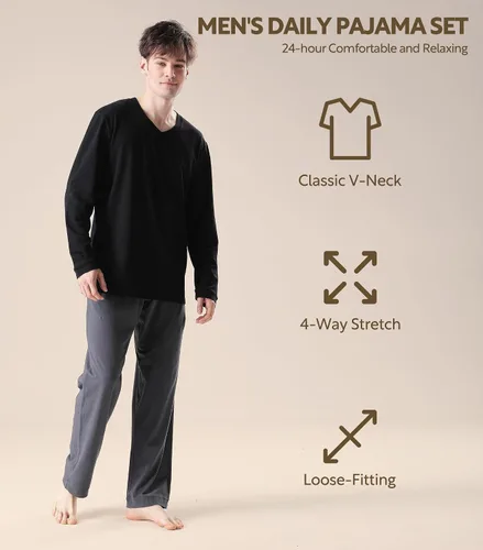 Miniatura 3 de DAVID ARCHY Conjunto de pijama para hombre, de algodón suave, de manga larga, cómodo, con bolsillos