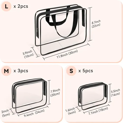 Miniatura 2 de TISRATOK Neceser de maquillaje transparente de viaje de 10 piezas, plástico PVC cosmético aprobado por la TSA Kit organizador con bolso con Negro