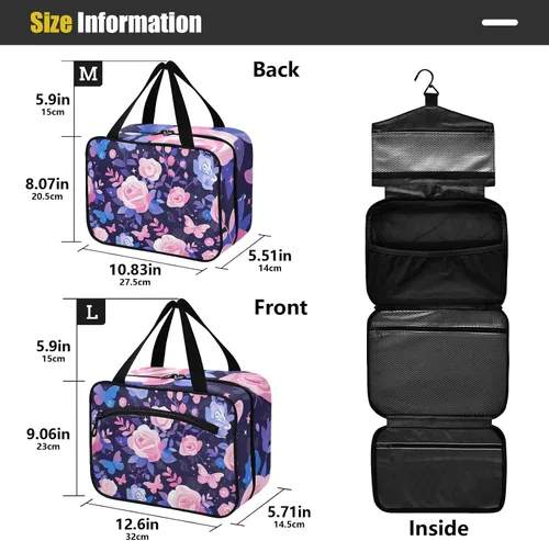 Miniatura 3 de Purple Peach Elegant Blooms bolsas de aseo de viaje colgantes para mujeres con gancho, bolso esencial de diseñador para el cuidado de la piel