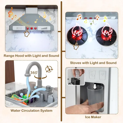 Miniatura 2 de Costzon Juego de cocina para niños, juego de cocina de juguete de simulación para niños pequeños con luces y sonidos reales, fregadero y grifo