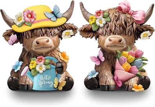 Miniatura 14 de Karenhi 2 piezas de figuritas de vaca de las Tierras Altas para el Día de la Madre, figuritas de gnomo de vaca con flores y corazón de MADRE