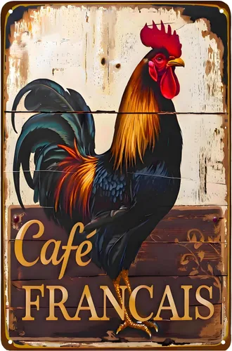 ARTCLUB Rooster Cafe - Letrero de metal retro, placa vintage, decoración de pared de granja, estilo rústico francés (rojo oscuro)