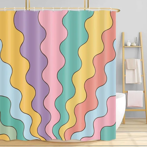 Neutral Muted Earth Tone Wavy Shower Curtain Mid Century Modern Sage Taupe Blush Abstract Boho Bathroom Curtain Set with Hooks 36x72 Inch