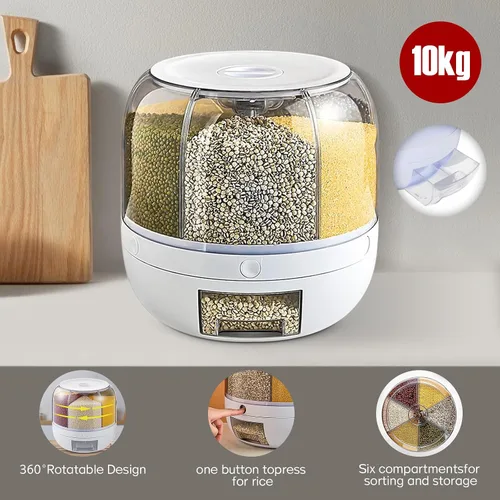 Miniatura 9 de Dispensador de granos giratorio de 360°, caja de almacenamiento de dispensador de cereales de 6 rejillas, barril de alimentos secos de grano de 22