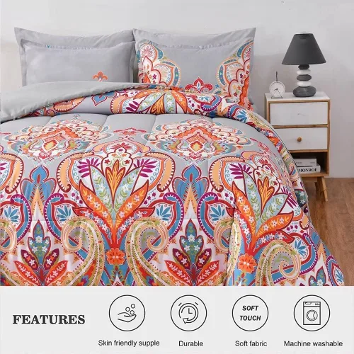 Miniatura 2 de Shatex Juego de edredón matrimonial de 3 piezas (86 x 82 pulgadas) para todas las estaciones, ultra suave, diseño bohemio occidental, edredón gris