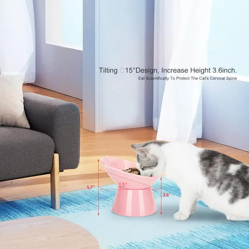 Miniatura 4 de Cuencos elevados desmontables para gatos, tazón elevado inclinado 15° para gatos anti-vómitos, amigable con los bigotes, platos ajustables para Rosa