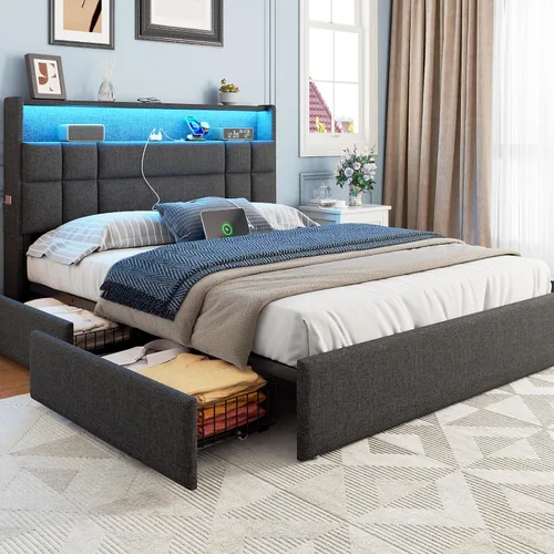 Miniatura 10 de OURPIC Base de cama Queen con 4 cajones de almacenamiento y cabecero, base de cama tapizada tamaño Queen con estación de carga y luces LED,