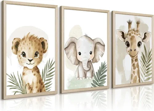 Miniatura 16 de Decoración artística de pared de animales para guardería, imágenes de la habitación del bebé, safari de la selva, lienzo para decoración de pared