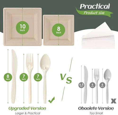 Miniatura 3 de Juego de platos de papel compostables para fiestas, 300 unidades, platos cuadrados de papel marrón de 10 y 8 pulgadas, utensilios y servilletas