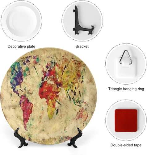Miniatura 3 de Plato decorativo de 6 pulgadas, placa retro de vajilla con mapa del mundo en grunge, placa de exhibición decorativa para mesa de comedor, decoración