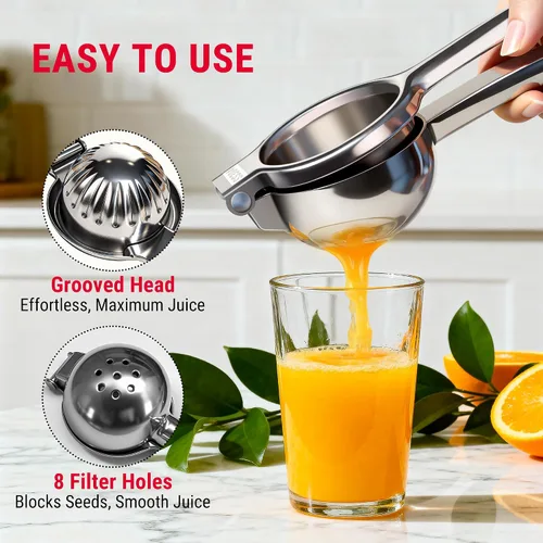 Miniatura 3 de TempPro Exprimidor de limón y lima, exprimidor de cítricos de acero inoxidable 304 con cuenco ranurado, mango con bisagras de alta resistencia, alto