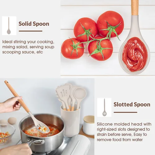 Miniatura 7 de E-far Juego de 6 Utensilios de Cocina, Utensilios de Cocina de Silicona con Mango de Madera, Compatibles con Utensilios de Cocina Antiadherentes