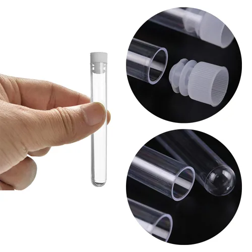 Miniatura 6 de Lainrrew 50 tubos de ensayo, tubos de ensayo de plástico transparente con tapas y 2 embudos para experimentos científicos, almacenamiento