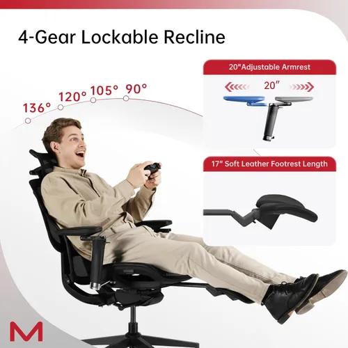 Miniatura 7 de Silla de oficina ergonómica con reposapiés, silla de oficina con reclinable de 136°, silla de escritorio de oficina con soporte lumbar ajustable