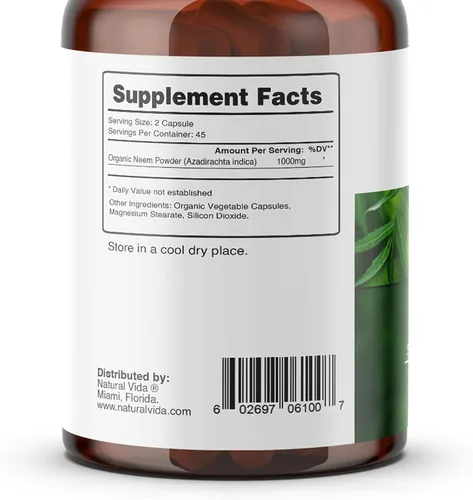 Miniatura 3 de Suplemento herbario Neem 1000mg - 90 cápsulas - Apoya la piel, la salud inmunológica y hepática, desintoxicación, cápsulas veganas, sin gluten (1)