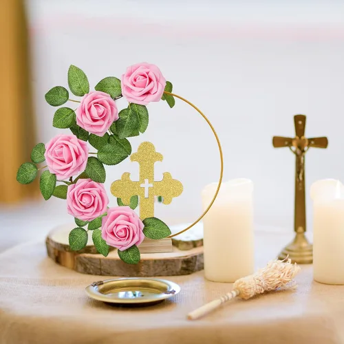 Miniatura 6 de Wesiti 48 piezas Centro de mesa para bautizo, decoración de mesa para primera comunión, 12 cruces de madera, 12 aros florales con soporte, 24 rosas