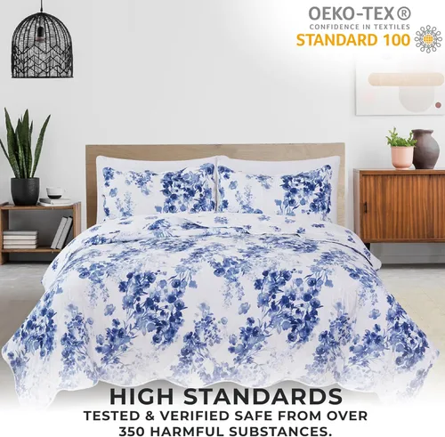 Miniatura 5 de Great Bay Home - Juego de colcha floral tamaño Full/Queen con fundas, juego de ropa de cama azul floral, para todas las estaciones, colcha ligera 06