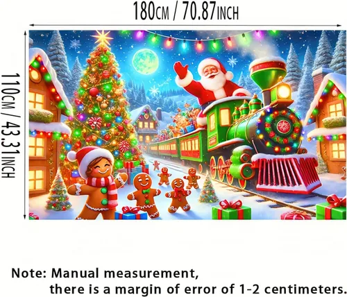 Miniatura 5 de BlissYard Telón de fondo de tren de Papá Noel, 71 x 43 pulgadas, pancarta de escena de Navidad de pan de jengibre, fondo de fotos para fiestas