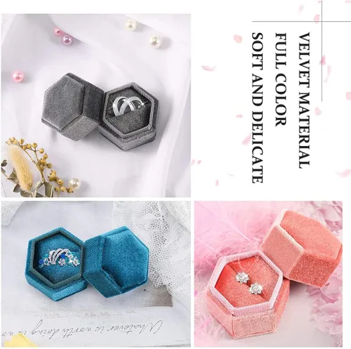 Miniatura 6 de Caja hexagonal de terciopelo para anillos con doble anillo, elegante caja de almacenamiento de joyas para propuestas, compromiso, aniversario, Blanco