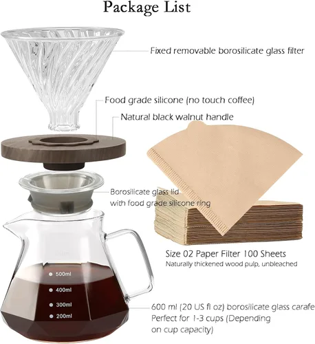 Miniatura 3 de Lalord Cafetera de Vertido, Jarra de Vidrio Borosilicato de 20 oz con 100 pcs Filtros de Papel V60 por Gsform, Mango de Nogal y Tapa de Vidrio