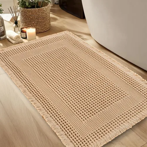 Miniatura 26 de Hiasan Tapete de baño de punto gofre, súper absorbente, antideslizante, con borlas, lavable a máquina, tapete con parte trasera de goma ultra suave