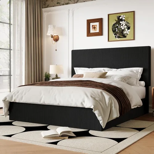Miniatura 3 de Allewie Base de cama matrimonial, cama tapizada, cabecera capitoné de canal vertical ajustable, tela de pana, perfil bajo moderno, listones