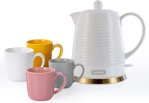 Hervidor Eléctrico de Cerámica de 1.2 litros con Infusor y Juego de Tazas, Tetera para Hervir Agua, Protección Contra Hervir en Seco con Apagado