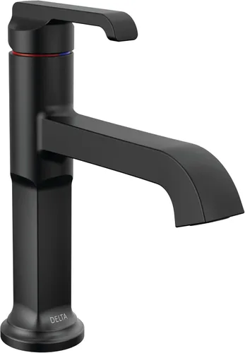 Delta Tetra - Grifo de baño negro mate de 1 agujero, grifo de lavabo de baño de un solo orificio para tocador, conjunto de drenaje de metal