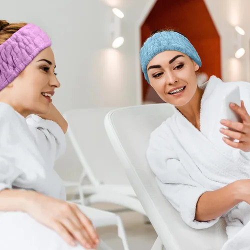 Miniatura 7 de Chuangdi 3 Piezas Diadema Elástica para Maquillaje, Yoga, Deportes, Ducha - Envoltura para la Cabeza para Mujeres y Niñas (Rojo, Azul, Morado)