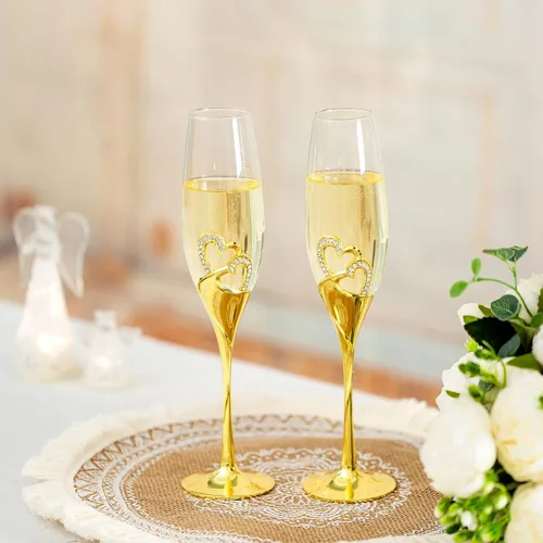 Miniatura 2 de Juego de copas de champán para boda, copas de flauta de tostado dorado, paquete de 2 con diamantes de imitación, decoración de corazones para bodas