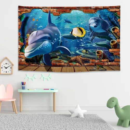 Miniatura 2 de ARTXZDZ Tapiz de delfín con efectos 3D, tapiz de animales del mundo submarino, decoración de pared para fondo de acuario bajo el mar, decoración