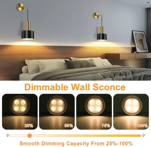 Miniatura 5 de VerRon Juego de 2 apliques de pared a pilas, luces de pared inalámbricas con control remoto, lámparas de pared regulables negras y doradas con Negro