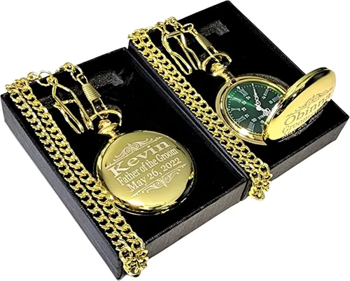 1 reloj de bolsillo personalizado, juego de reloj grabado con esfera verde, viene con caja personalizada, cadena y grabado, regalos de boda clásicos