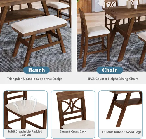 Miniatura 6 de SOFTSEA Juego de mesa de comedor de estilo rústico de 6 piezas para 6, mesa de cocina de madera con banco y 4 sillas tapizadas, juego de mesa