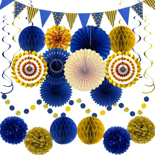 Miniatura 13 de 24 decoraciones de fiesta negras y doradas, abanicos de papel, guirnaldas de pompones de panal, suministros colgantes reutilizables para graduación
