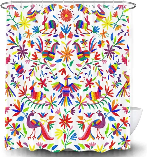 Miniatura 3 de Cortina de ducha con diseño floral de México, para baño, estilo tradicional mexicano Bluebird Otomi, diseño brillante, tela de cachemira, tela