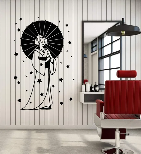 Vinilo adhesivo de pared de mujer japonesa, geisha con paraguas, arte oriental, decoración grande (g3609), color negro