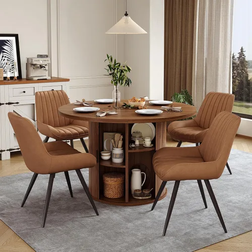 Miniatura 42 de Miereirl Juego de mesa y sillas de comedor moderno redondo, con una mesa de comedor de madera equipada con compartimentos de almacenamiento