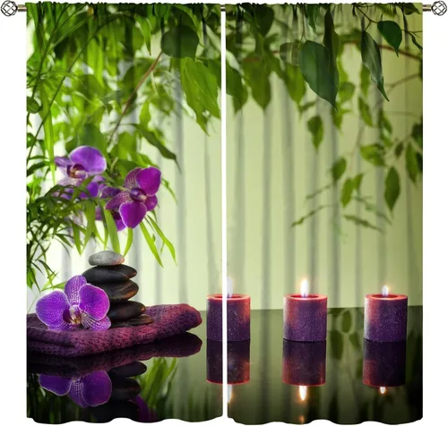 Miniatura 49 de Cortinas con estampado de bambú verde natural, plantas asiáticas, japonesas, tallos rústicos, hojas, cortina de selva con bolsillo para cortinero